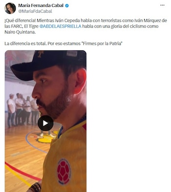 La senadora María Fernanda Cabal usó la llamada entre el ciclista Nairo Quintana y el abogado y aspirante a la Casa de Nariño, Abelardo de la Espriella, para lanzar una crítica contra el senador y también candidato, Iván Cepeda - crédito @MariaFdaCabal/X