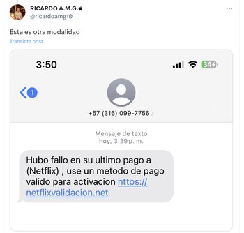 Internauta muestra modalidad de robo por medio de mensajes de texto - crédito Ricardo A.M.G./X