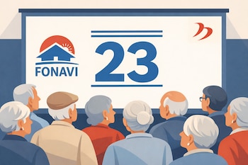 Ilustración plana de un grupo de personas mayores viendo una pantalla con el número 23 en azul, el logo de FONAVI y el símbolo del Banco de la Nación.