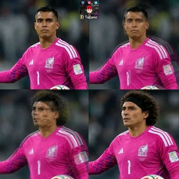 Cuatro paneles que muestran la transición del rostro de un portero con camiseta rosa hacia otro guardameta de cabello rizado y cinta negra