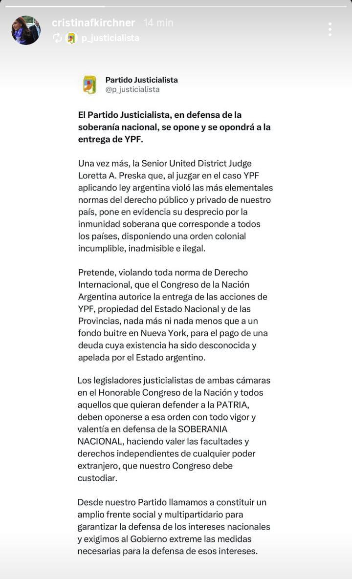 Cristina Kirchner sobre el fallo de la jueza Loretta Preska en relación a YPF