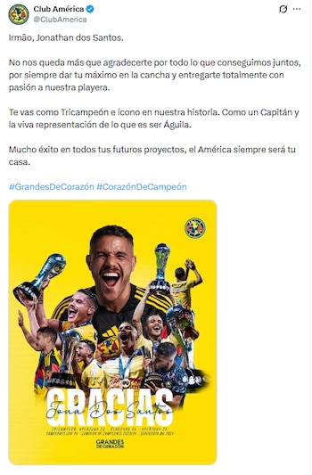 Las Águilas se desprendieron de piezas clave en la plantilla como Jonathan Dos Santos y, a horas del arranque del torneo Apertura 2026, no han anunciado refuerzos. (X/ @ClubAmerica)