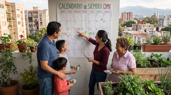 Una familia en un balcón junto a un calendario de siembra de la Ciudad de México y plantas en macetas, con un paisaje urbano de fondo.