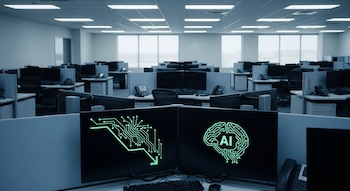 Vista panorámica de un call center en Phoenix con numerosas estaciones de trabajo vacías. Las pantallas muestran un circuito y un cerebro digital con "AI".