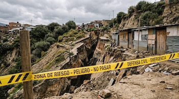Una cinta amarilla de emergencia cruza frente a una grieta en la tierra, junto a casas sencillas de madera y chapa bajo un cielo nublado.
