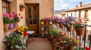 Balcón rústico con macetas de barro llenas de flores multicolores, una puerta de madera, una regadera y edificios de un pueblo al fondo.