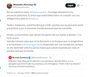 El abogado Alejandro Carranza aseguró que Day Vásquez tendrá que rendir cuentas por presunta burla a la justicia - crédito @HombreJurista/X