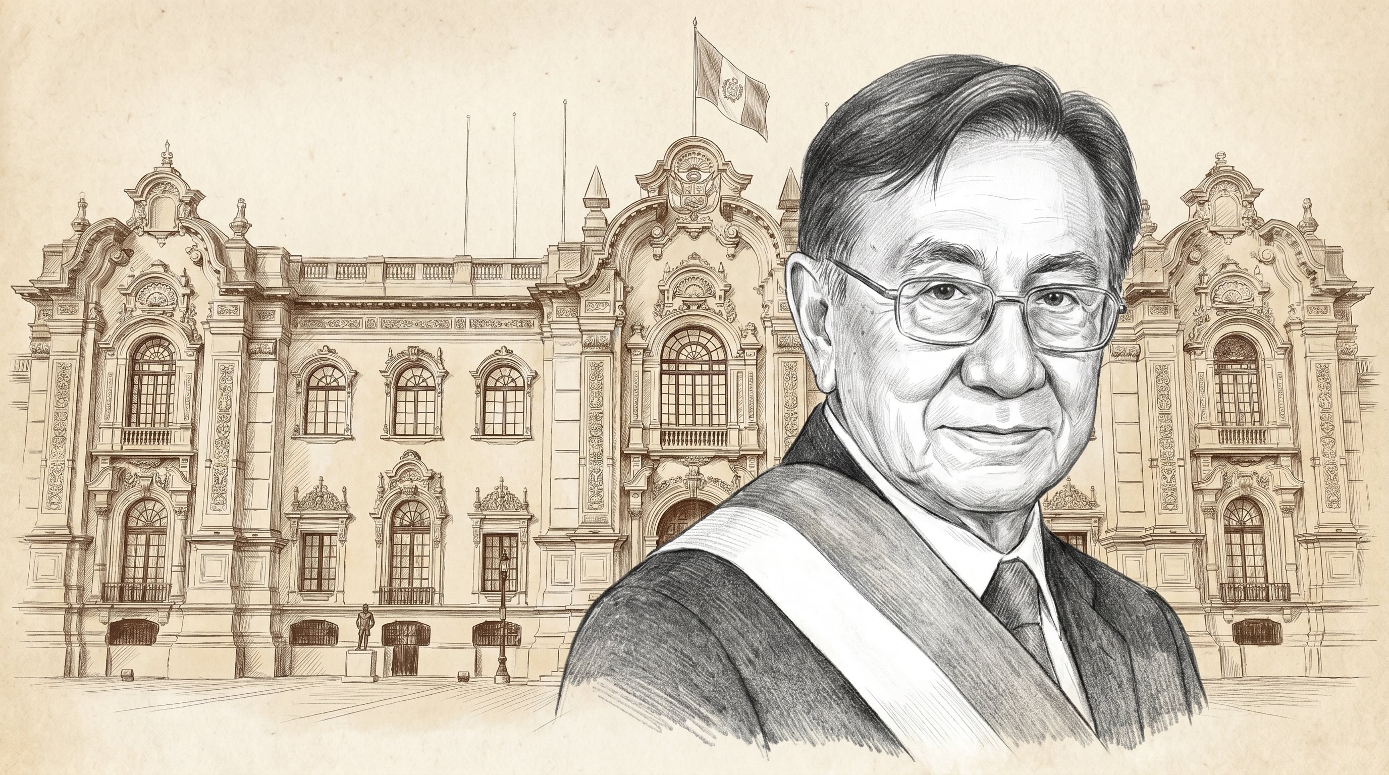 Ilustración a lápiz de José María Balcázar que muestra a una figura política destacada con gafas y banda presidencial, frente al emblemático Palacio de Gobierno del Perú. (Imagen Ilustrativa Infobae)