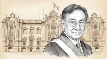 Desenho a lápis preto e branco de um homem de óculos e faixa presidencial sobre terno, com o Palácio do Governo do Peru em tons sépia ao fundo.
