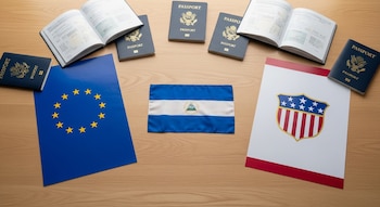 Mesa de madera clara con pasaportes abiertos y cerrados, una bandera de Nicaragua en el centro, y hojas con los logos de la UE y Estados Unidos.