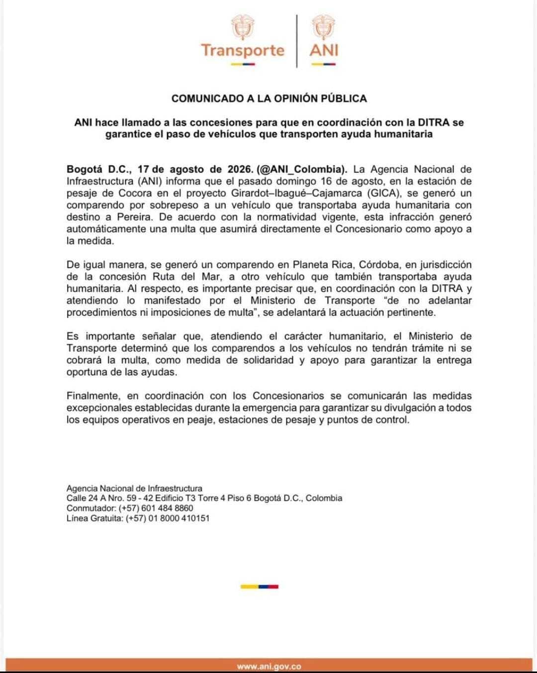 ANI pidió a las concesiones coordinar con la Dirección de Tránsito y Transporte (DITRA) para garantizar el paso de los vehículos que movilizan ayudas -crédito ANI