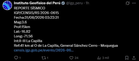 Sismo de magnitud 3.7 se registró en Quilca, Arequipa. Captura: IGP.