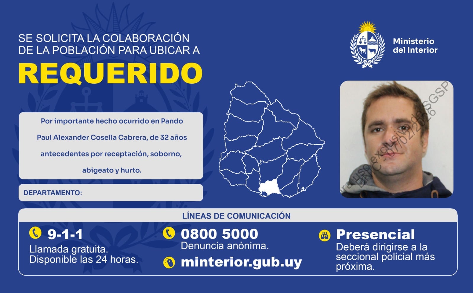 Uno de los requeridos por el robo a un banco en Uruguay (Ministerio del Interior)