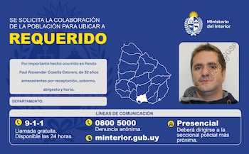 Uno de los requeridos por el robo a un banco en Uruguay (Ministerio del Interior)