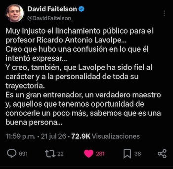 El periodista David Faitelson calificó como injusto el linchamiento público contra Ricardo Antonio Lavolpe (Captura de pantalla)