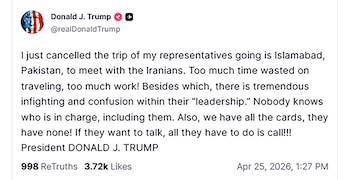 Captura de pantalla de un tuit de Donald J. Trump con texto negro sobre fondo blanco, cancelando un viaje a Pakistán para una reunión con iraníes