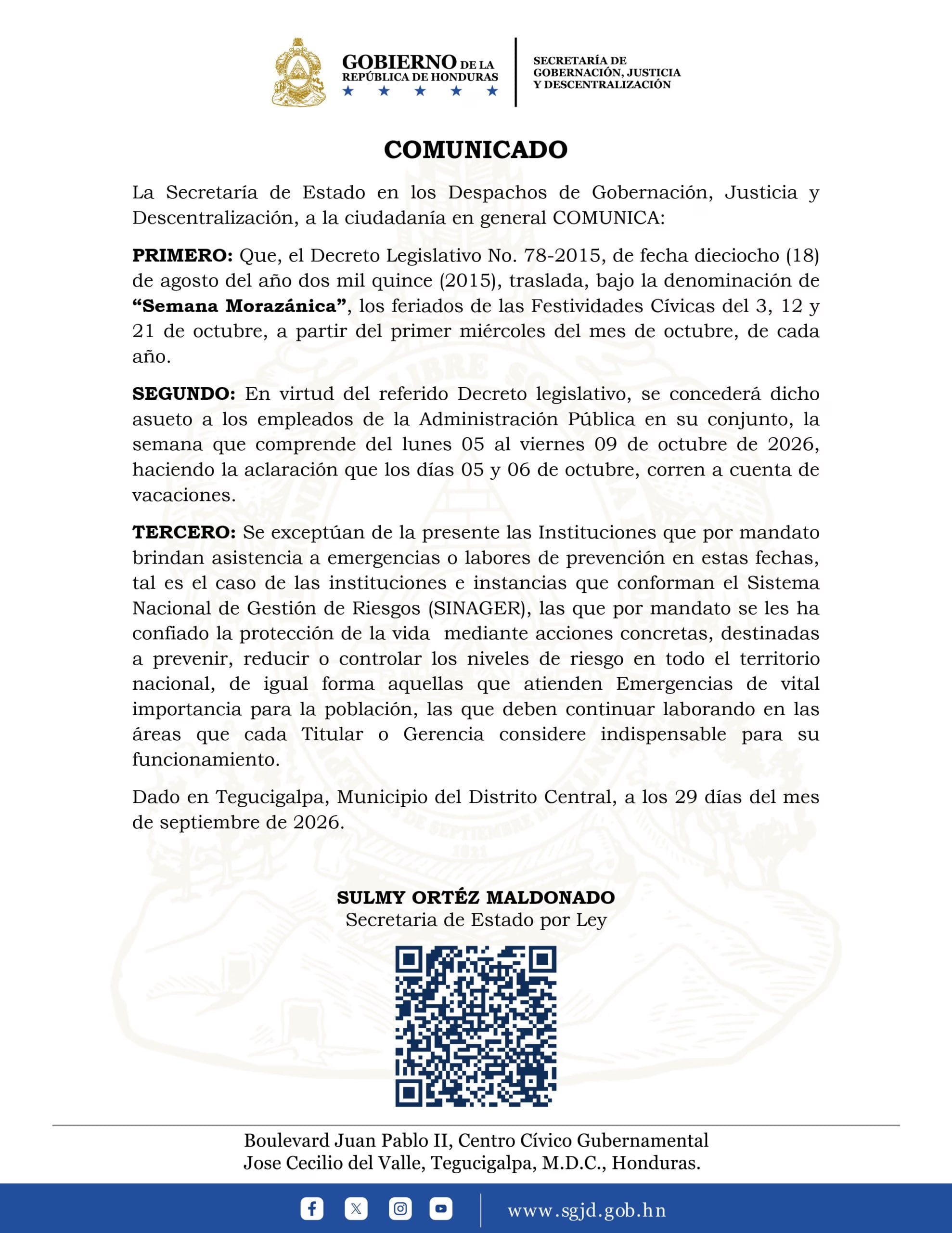 Los empleados públicos tendrán asueto del lunes 5 al viernes 9 de octubre por la Semana Morazánica. (FOTO: Secretaría de Gobernación y Descentralización)