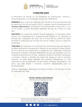 Los empleados públicos tendrán asueto del lunes 5 al viernes 9 de octubre por la Semana Morazánica. (FOTO: Secretaría de Gobernación y Descentralización)