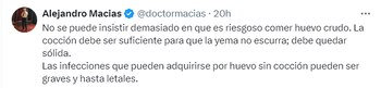 Alejandro Macías recomienda una adecuada cocción del huevo para reducir el peligro de contraer gripe aviar. (@doctormacias).