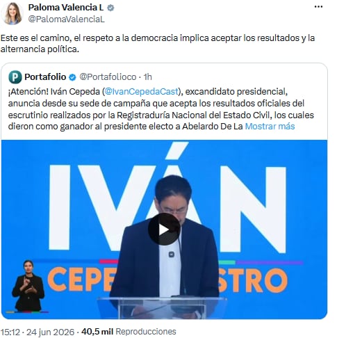 Paloma Valencia destacó la importancia de aceptar los resultados para fortalecer la democracia - crédito @PalomaValenciaL/X
