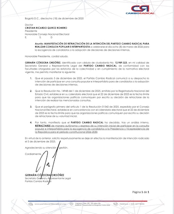 Cambio Radical informó que no