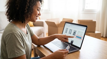 Mujer sonriente usa portátil, señalando pantalla con electrodomésticos y botón "Confirmar compra". Sostiene tarjeta de crédito. Hay cajas de cartón en el fondo.