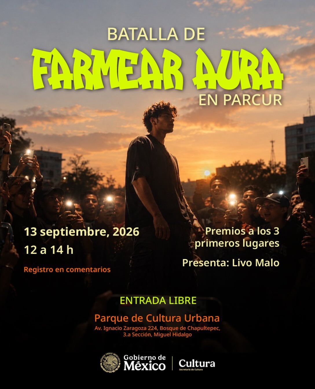 Un cartel de la Secretaría de Cultura anuncia el evento Batalla de Farmear Aura para el 13 de septiembre de 2026 en el Parque de Cultura Urbana de la Ciudad de México. (Convocatoria oficial/Parque cultura urbana Gob.México)