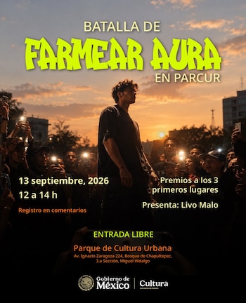 Cartel publicitario con texto informativo sobre un joven de pie frente a un grupo de personas que sostienen teléfonos celulares iluminados