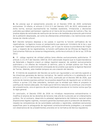 Ministerio de Agricultura afirmó que las disposiciones del decreto 0765 de 2026 ya están legisladas en Colombia - crédito ANT