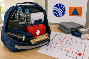 Mochila azul abierta con agua, linterna, botiquín y radio, junto a un plano de evacuación sobre una mesa de madera.