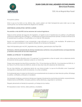 Juan Carlos Valladares Eichelmann emitió un comunicado para aclarar su nivel de asistencia en la Cámara de Diputado.