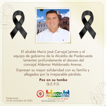 Alcaldía de Piedecuesta expresó sus condolencias a los familiares de Aldemar Maldonado, concejal reelegido - crédito Alcaldía de Piedecuesta / X