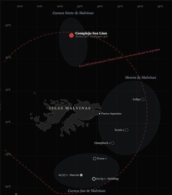 Mapa en fondo oscuro de las Islas Malvinas con cuencas marítimas, puntos marcados de yacimientos y líneas de delimitación territorial