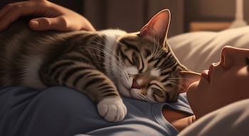 Ilustración hiperrealista de una persona acostada en una cama con un gato atigrado durmiendo sobre su pecho, iluminado por una luz cálida.