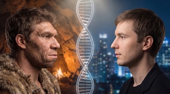 Un hombre Neandertal con vestimenta de piel y un hombre moderno miran una cadena de ADN en el centro.