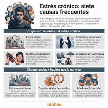 Infografía sobre el estrés crónico con ilustración de un hombre preocupado, iconos de tiempo y problemas, título y siete secciones con texto e imágenes.