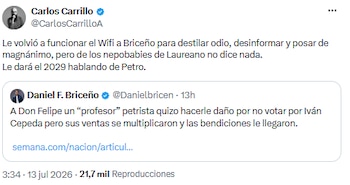 Carlos Carrillo y Daniel Briceño protagonizaron un nuevo choque en redes por caso Don Felipe - crédito @CarlosCarrilloA/X