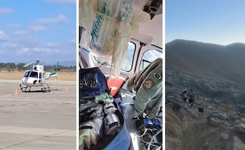 Helicóptero blanco y verde en pista de aterrizaje, interior de helicóptero con equipos médicos y chaquetas, dos personas y un perro en sendero montañoso