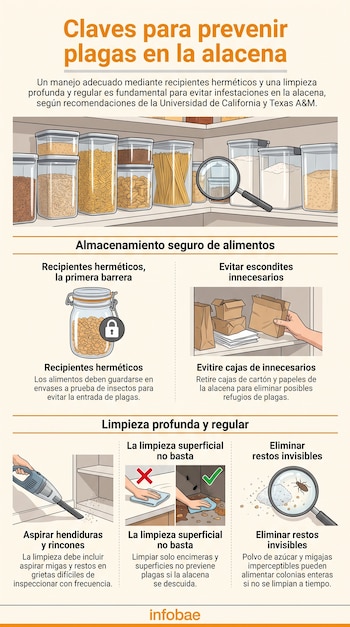Infografía sobre prevención de plagas en la alacena, muestra recipientes herméticos, eliminación de cajas, aspiradora, limpieza de superficies y lupa con insectos.