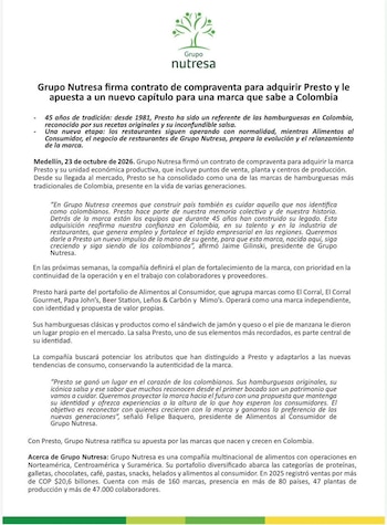 Comunicado de Nutresa sobre la compra de Presto - crédito Grupo Nutresa