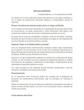 Nota Aclaratoria de Carlo Ulloa.