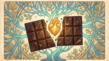 Ilustración de una tableta de chocolate negro partida por la mitad con un corazón dorado brillante en el centro y motivos de arterias sanas.