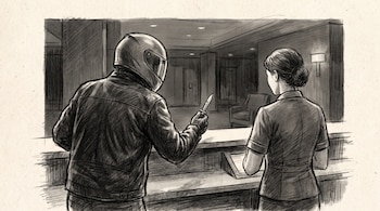 Ilustración en blanco y negro de un hombre con casco y chaqueta de cuero sujetando un cuchillo, y una mujer con uniforme en una recepción con mostrador.