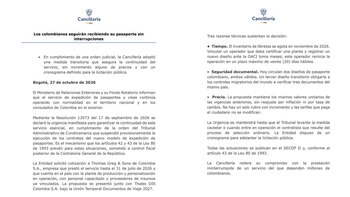La Cancillería estableció precios unitarios fijos, sin fórmula de reajuste, para el suministro de pasaportes y la prestación de los servicios asociados a su personalización, custodia y distribución (@CancilleriaCol/X)