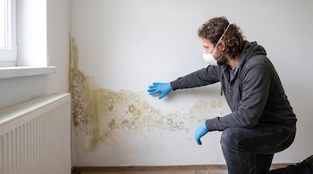 Hombre con mascarilla y guantes azules, arrodillado, tocando una pared blanca con extensas manchas de moho verde-negro, junto a una ventana y radiador.