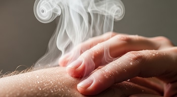 Mano de persona con gotas de agua y vapor blanco ascendiendo de la piel.
