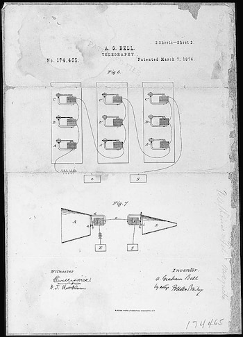 Diagrama de patente antiguo en blanco y negro con esquemas de circuitos eléctricos y componentes del sistema de telegrafía/telefonía de Bell de 1876