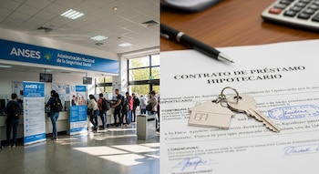 Imagen partida muestra sucursal de Anses con personas en fila, y en primer plano un contrato de préstamo hipotecario, llave, llavero de casa, bolígrafo y calculadora.