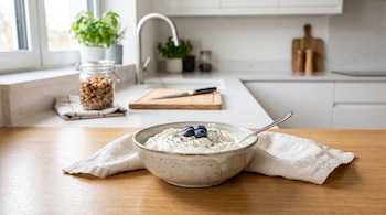 Un tazón cerámico con yogur blanco, arándanos y semillas sobre una mesa de madera junto a una servilleta y una cuchara.