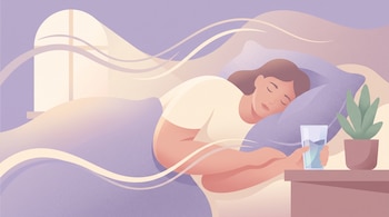 Ilustración de una persona acostada en la cama que sostiene un vaso de agua en la mesa de noche junto a una maceta y una ventana.